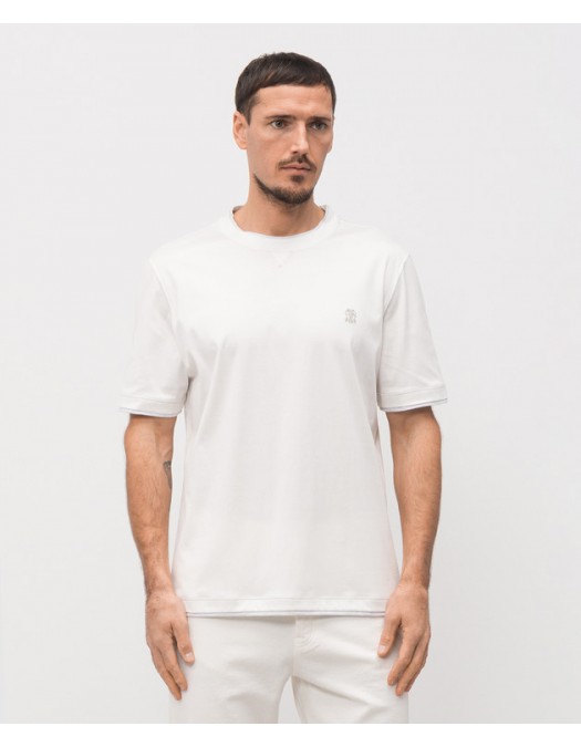 Tricou BRUNELLO CUCINELLI, White T-shirt with embroidered emblem - M0B137451GCGY23
