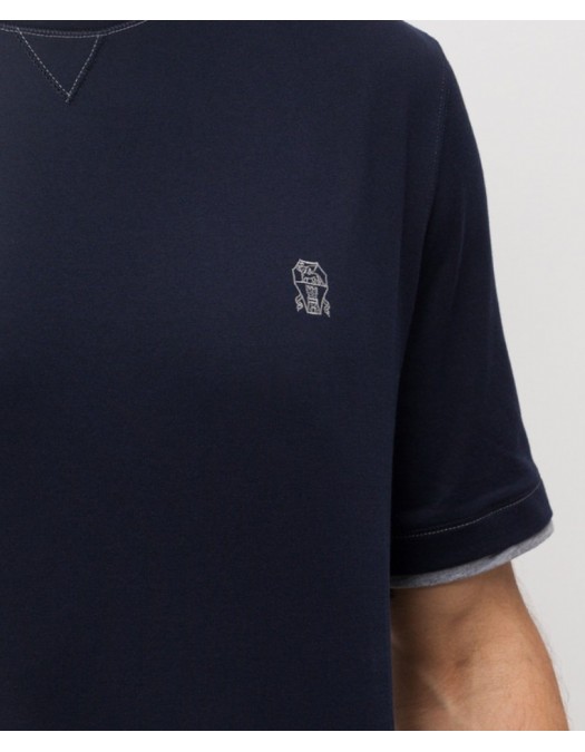 Tricou BRUNELLO CUCINELLI, Blue T-shirt with embroidered emblem - M0B137451GCHM51