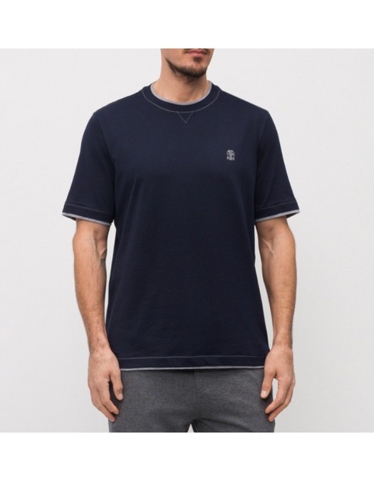 Tricou BRUNELLO CUCINELLI, Blue T-shirt with embroidered emblem - M0B137451GCHM51
