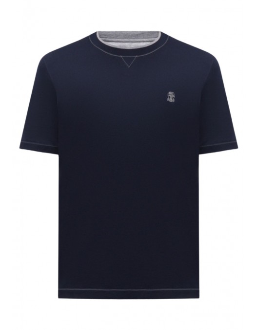 Tricou BRUNELLO CUCINELLI, Blue T-shirt with embroidered emblem - M0B137451GCHM51