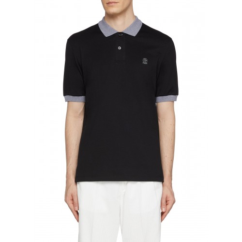 Tricou BRUNELLO CUCINELLI, Logo Embroidered, Polo, Grey Details, Black Tricou BRUNELLO CUCINELLI, Logo Embroidered, Polo, Grey Details, Black