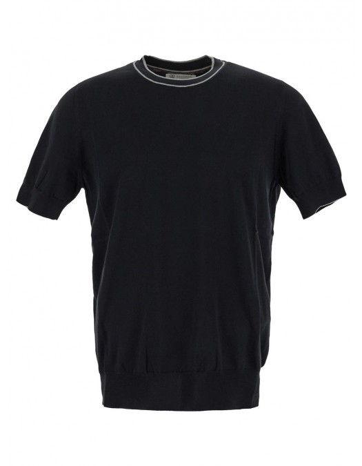 Tricou BRUNELLO CUCINELLI, Cotton Knitwear, White Details, Black - M29802030CMY76 Tricou BRUNELLO CUCINELLI, Cotton Knitwear, White Details, Black - M29802030CMY76