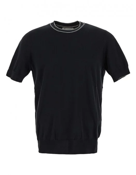 Tricou BRUNELLO CUCINELLI, Cotton Knitwear, White Details, Black - M29802030CMY76 Tricou BRUNELLO CUCINELLI, Cotton Knitwear, White Details, Black - M29802030CMY76
