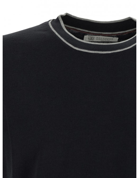 Tricou BRUNELLO CUCINELLI, Cotton Knitwear, White Details, Black - M29802030CMY76 Tricou BRUNELLO CUCINELLI, Cotton Knitwear, White Details, Black - M29802030CMY76