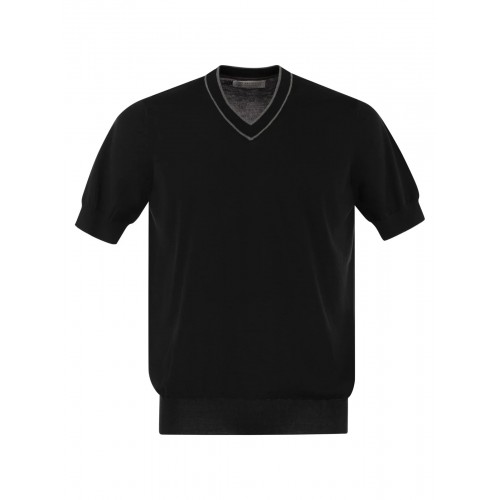 Tricou BRUNELLO CUCINELLI, Striped-Neck, Short-Sleeve, Black Tricou BRUNELLO CUCINELLI, Striped-Neck, Short-Sleeve, Black