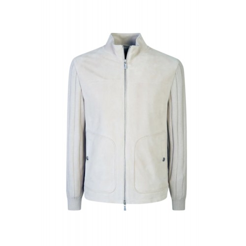 Jacheta ELEVENTY, Suede and Ribbed Cotton Knit Hybrid, Cream