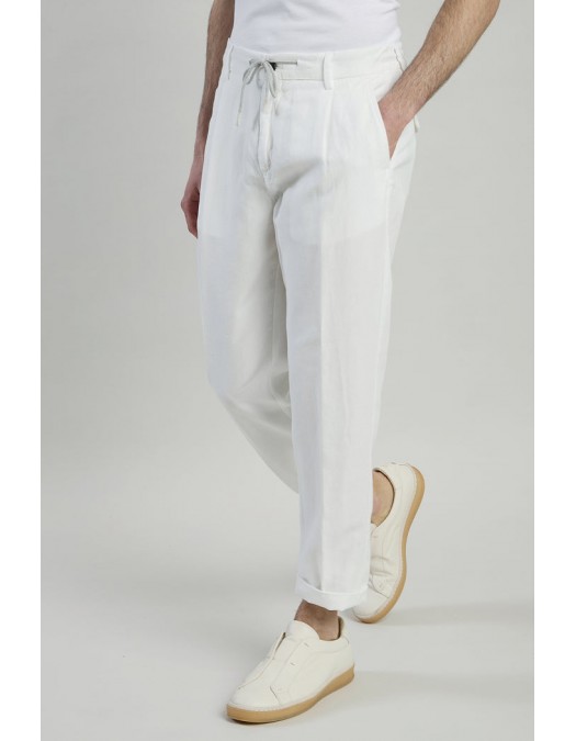 Pantaloni ELEVENTY, garment-dyed cotton linen pleated joggers, Alb - M75PANG03TET0K00701N