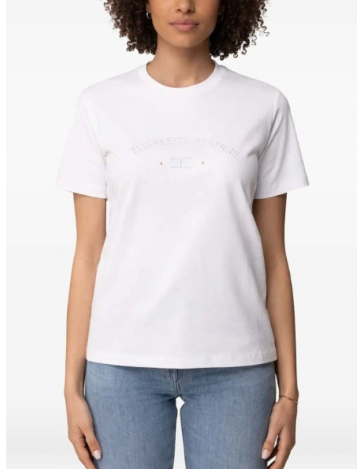 Tricou ELISABETTA FRANCHI, Logo Embroidery Cotton T-Shirt, Alb - MA01761E2270