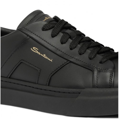 Sneakers SANTONI, black leather double buckle sneaker