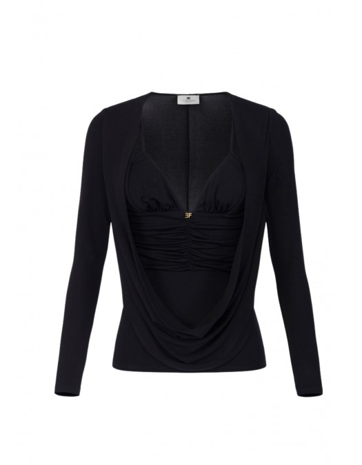 BLUZA ELISABETTA FRANCHI, Decolteu adanc, logo atasat, Negru - MD00156E2110 BLUZA ELISABETTA FRANCHI, Decolteu adanc, logo atasat, Negru - MD00156E2110