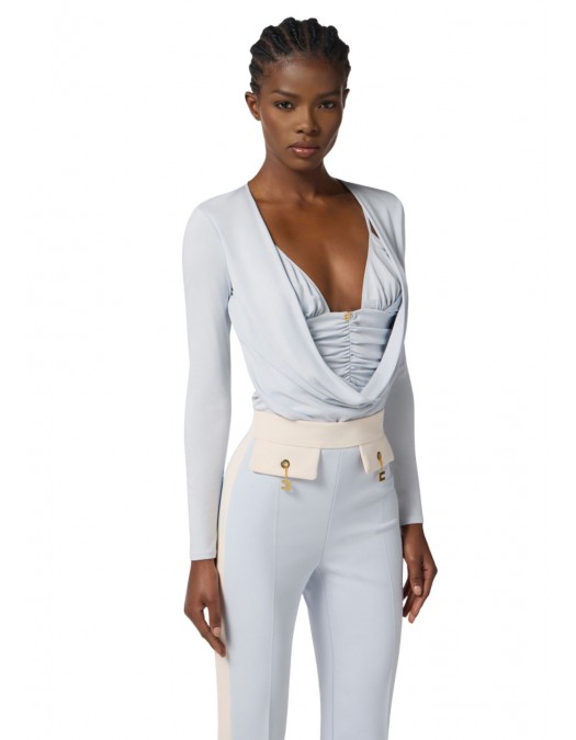 BLUZA ELISABETTA FRANCHI, Decolteu adanc, logo atasat, Bleu - MD00156E2EA7