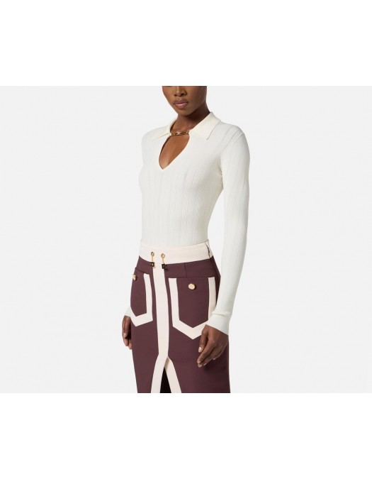 TOP ELISABETTA FRANCHI, Openwork Details, Silk, White - MK09B56E2DZ9 TOP ELISABETTA FRANCHI, Openwork Details, Silk, White - MK09B56E2DZ9