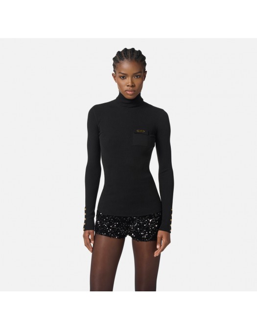 Bluza ELISABETTA FRANCHI,Ribbed knit top with breast pocket, Negru - MK11B56E2110 Bluza ELISABETTA FRANCHI,Ribbed knit top with breast pocket, Negru - MK11B56E2110