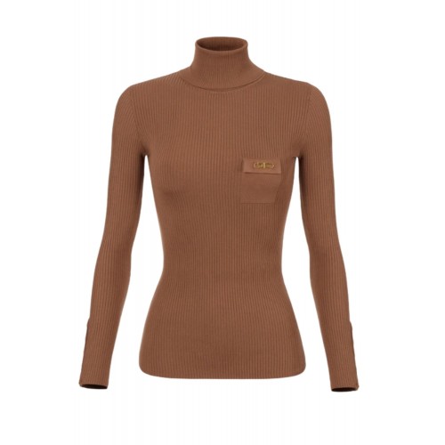 Bluza ELISABETTA FRANCHI,Ribbed knit top with breast pocket, Maro Bluza ELISABETTA FRANCHI,Ribbed knit top with breast pocket, Maro