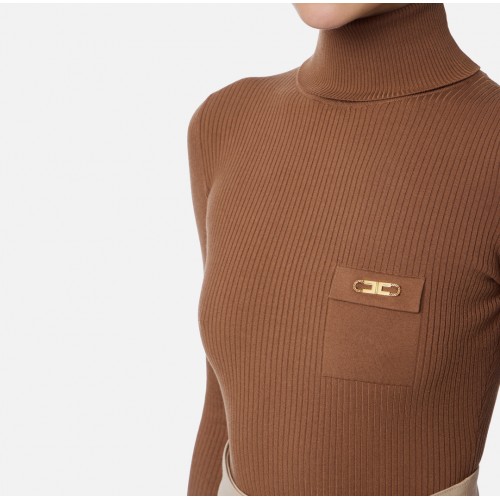 Bluza ELISABETTA FRANCHI,Ribbed knit top with breast pocket, Maro Bluza ELISABETTA FRANCHI,Ribbed knit top with breast pocket, Maro