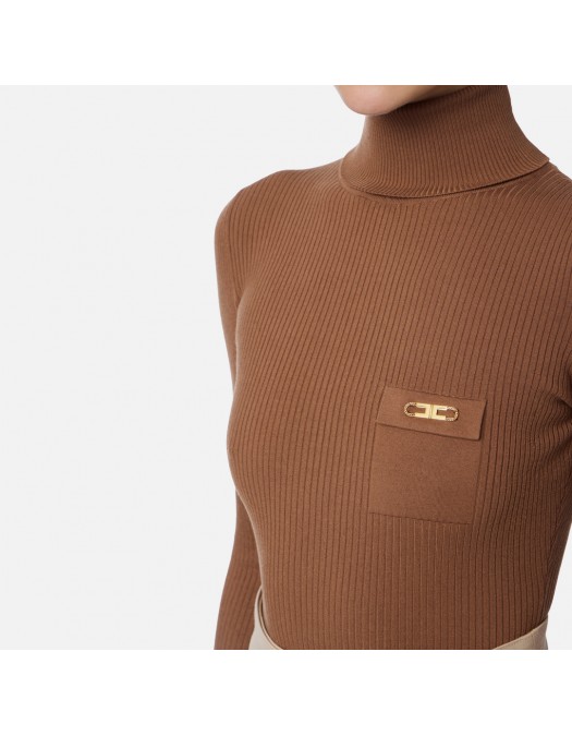 Bluza ELISABETTA FRANCHI,Ribbed knit top with breast pocket, Maro - MK11B56E2EC1 Bluza ELISABETTA FRANCHI,Ribbed knit top with breast pocket, Maro - MK11B56E2EC1