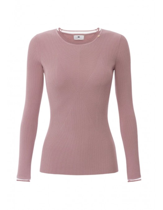 Bluza ELISABETTA FRANCHI, Ribbed knit top with gold logo, Roz - MK13B56E2EA6