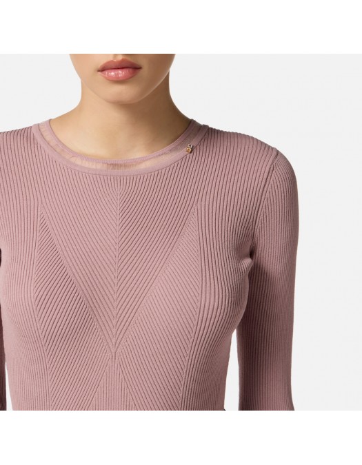 Bluza ELISABETTA FRANCHI, Ribbed knit top with gold logo, Roz - MK13B56E2EA6