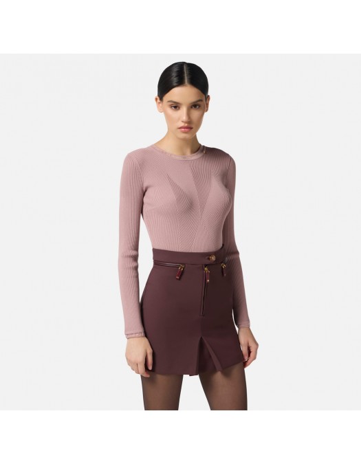 Bluza ELISABETTA FRANCHI, Ribbed knit top with gold logo, Roz - MK13B56E2EA6