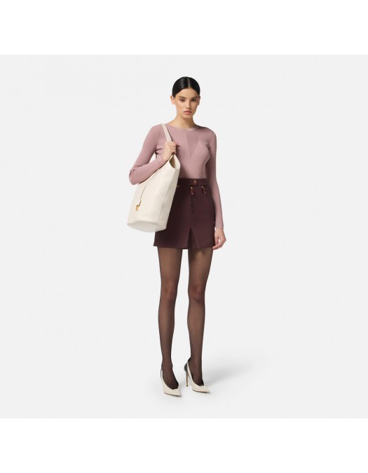 Bluza ELISABETTA FRANCHI, Ribbed knit top with gold logo, Roz - MK13B56E2EA6