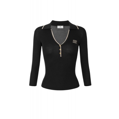Bluza ELISABETTA FRANCHI, Ribbed knit polo shirt, Negru