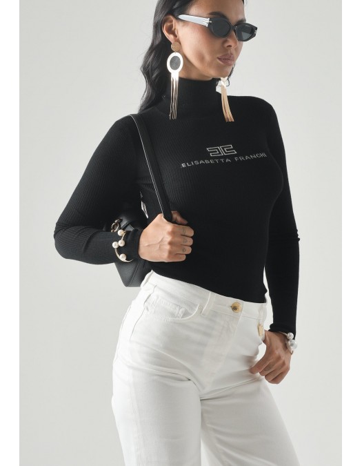 Bluza ELISABETTA FRANCHI, Ribbed knit turtleneck top, Negru - MK18B66E2685