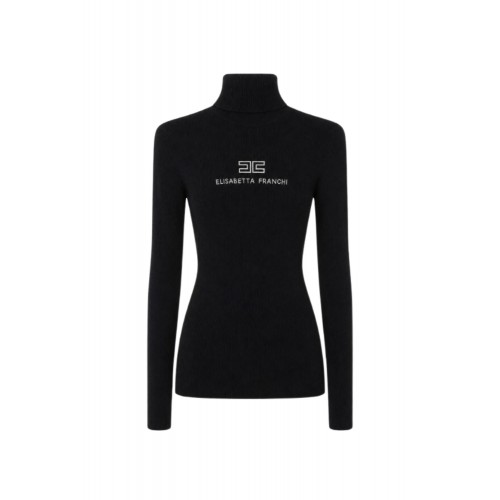 Bluza ELISABETTA FRANCHI, Ribbed knit turtleneck top, Negru
