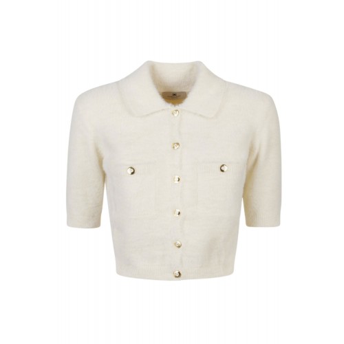 Cardigan ELISABETTA FRANCHI ,Mini cardigan in knit fabric with jewel buttons, Alb Cardigan ELISABETTA FRANCHI ,Mini cardigan in knit fabric with jewel buttons, Alb