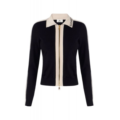 Cardigan ELISABETTA FRANCHI, Knit fabric jacket with shiny viscose bands, Negru
