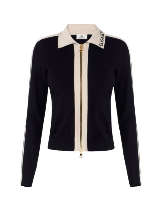 Cardigan ELISABETTA FRANCHI, Knit fabric jacket with shiny viscose bands, Negru - MK66S61E2FA4