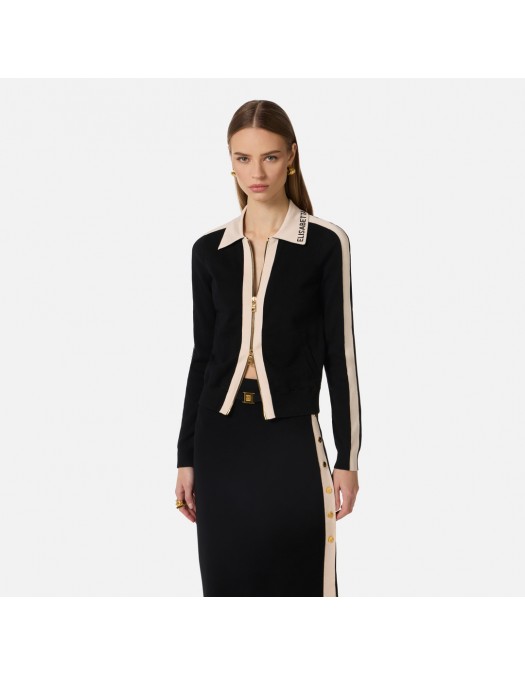 Cardigan ELISABETTA FRANCHI, Knit fabric jacket with shiny viscose bands, Negru - MK66S61E2FA4