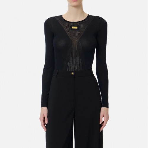 Top ELISABETTA FRANCHI, Top in open-knit fabric, Black