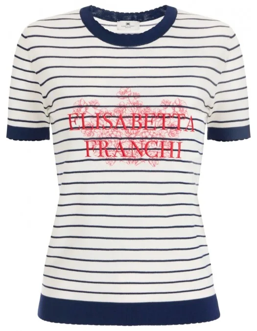 TRICOU ELISABETTA FRANCHI, Red Logo, Flowers Insert, White - MK80T52E2DO6 TRICOU ELISABETTA FRANCHI, Red Logo, Flowers Insert, White - MK80T52E2DO6