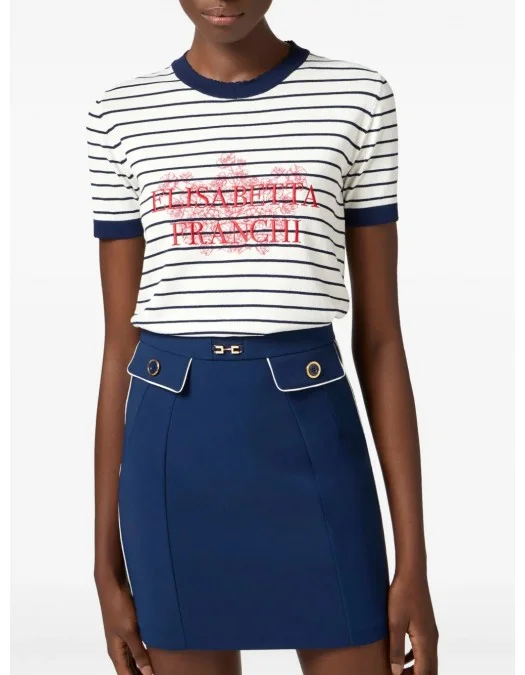 TRICOU ELISABETTA FRANCHI, Red Logo, Flowers Insert, White - MK80T52E2DO6 TRICOU ELISABETTA FRANCHI, Red Logo, Flowers Insert, White - MK80T52E2DO6