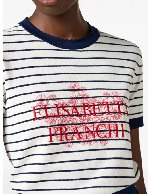 TRICOU ELISABETTA FRANCHI, Red Logo, Flowers Insert, White - MK80T52E2DO6 TRICOU ELISABETTA FRANCHI, Red Logo, Flowers Insert, White - MK80T52E2DO6