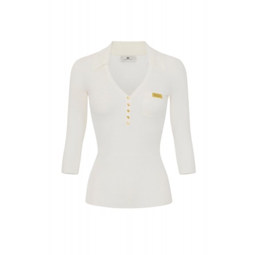 Bluza ELISABETTA FRANCHI, Micro-braided knit polo shirt, Alb