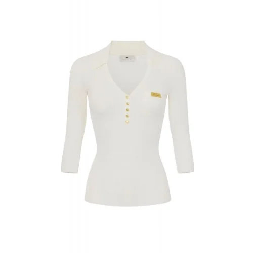 Bluza ELISABETTA FRANCHI, Micro-braided knit polo shirt, Alb
