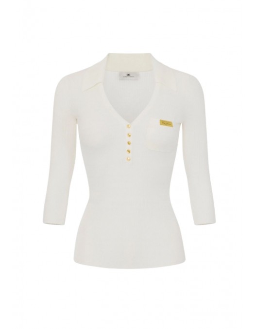 Bluza ELISABETTA FRANCHI, Micro-braided knit polo shirt, Alb - MK86B61E2360