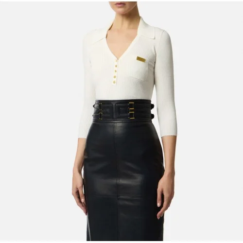 Bluza ELISABETTA FRANCHI, Micro-braided knit polo shirt, Alb