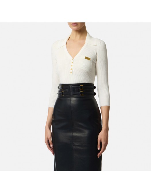 Bluza ELISABETTA FRANCHI, Micro-braided knit polo shirt, Alb - MK86B61E2360