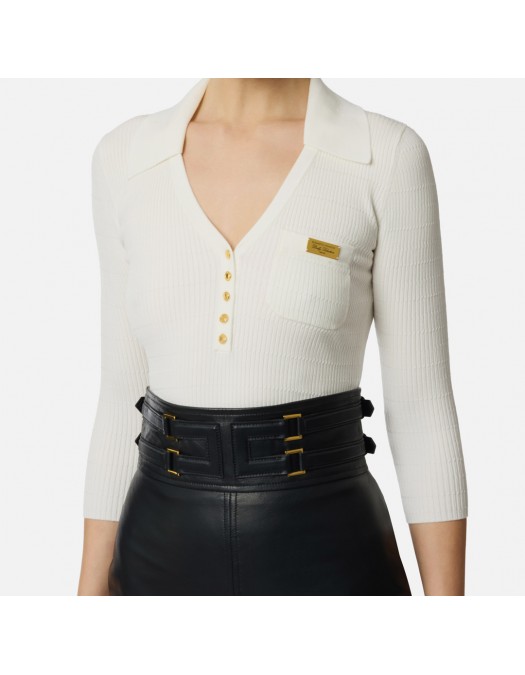 Bluza ELISABETTA FRANCHI, Micro-braided knit polo shirt, Alb - MK86B61E2360