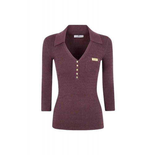 Bluza ELISABETTA FRANCHI, Micro-braided knit polo shirt, Maro