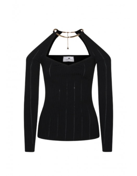Top ELISABETTA FRANCHI , Knit top with jewel detail,Black - MK89S61E2110