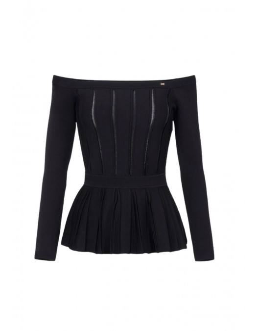 Bluza ELISABETTA FRANCHI, Decolteu larg, Vascoza, Slim Fit, Negru - MK92S56E2110