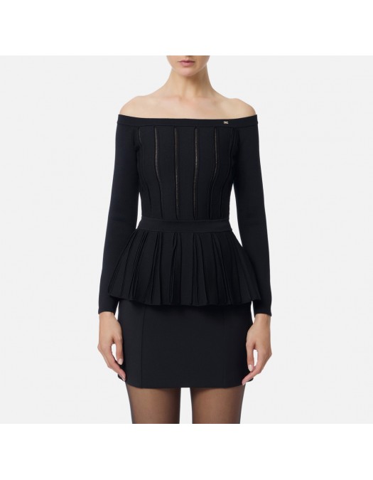 Bluza ELISABETTA FRANCHI, Decolteu larg, Vascoza, Slim Fit, Negru - MK92S56E2110