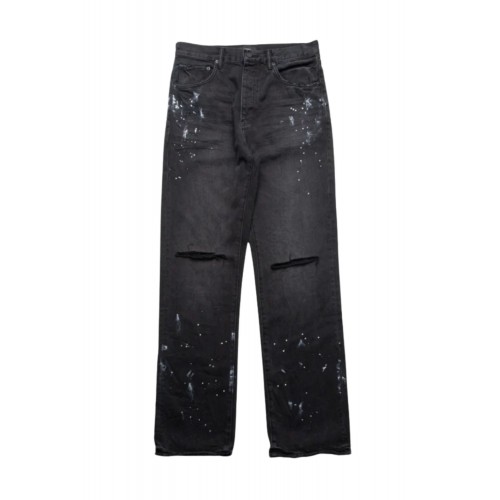 Jeans PURPLE, Mid Rise Straight Leg Knee Slit Paint Splatters Jean