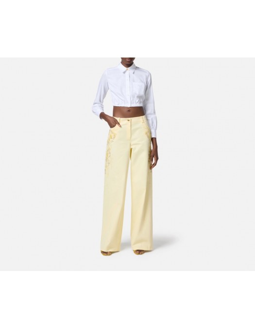 PANTALONI ELISABETTA FRANCHI, Cotton Palazzo, Embroideries, Yellow - PA09252E2DC7 PANTALONI ELISABETTA FRANCHI, Cotton Palazzo, Embroideries, Yellow - PA09252E2DC7