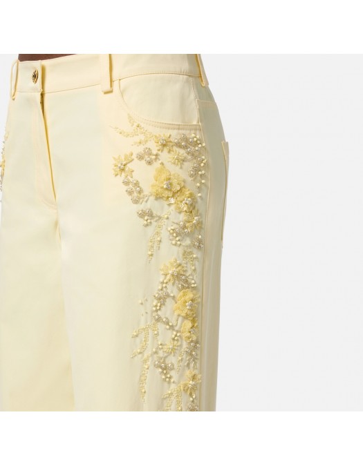 PANTALONI ELISABETTA FRANCHI, Cotton Palazzo, Embroideries, Yellow - PA09252E2DC7 PANTALONI ELISABETTA FRANCHI, Cotton Palazzo, Embroideries, Yellow - PA09252E2DC7