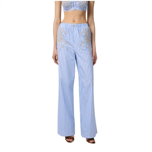 PANTALONI ELISABETTA FRANCHI, Cotton Poplin, Embroideries, Blue