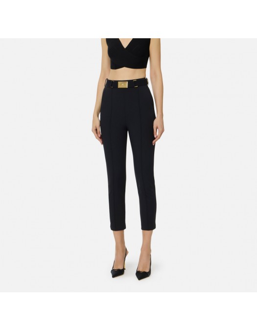 Pantaloni ELISABETTA FRANCHI, Trousers in technical bi-elastic fabric with belt, Negru - PA13261E2110